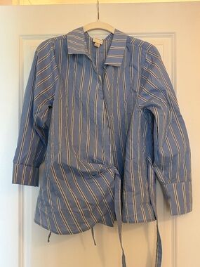 Maeve Light Blue and White Striped Tie-Front Blazer